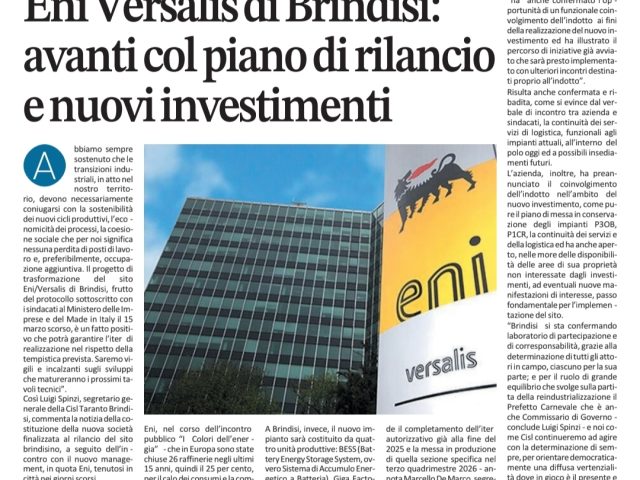 Eni Versalis di Brindisi:avanti col piano di rilancioe nuovi investimenti