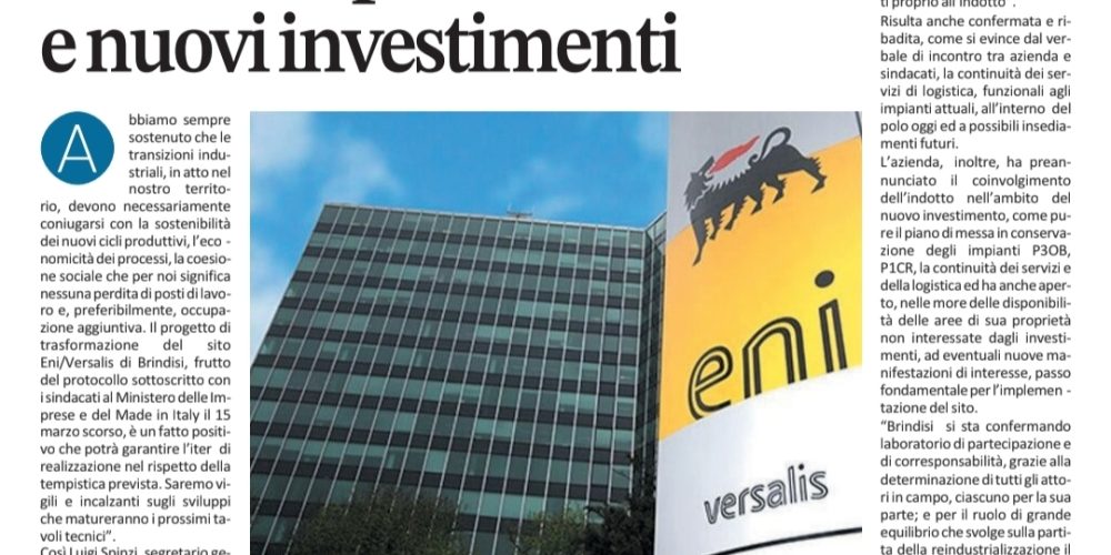 Eni Versalis di Brindisi:avanti col piano di rilancioe nuovi investimenti